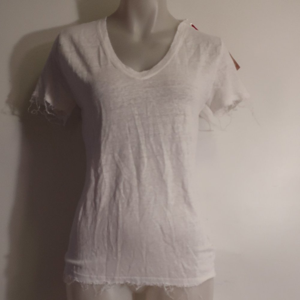 NWT Womens Made White Raw Hem V-Neck Linen T-Shirt Top S *